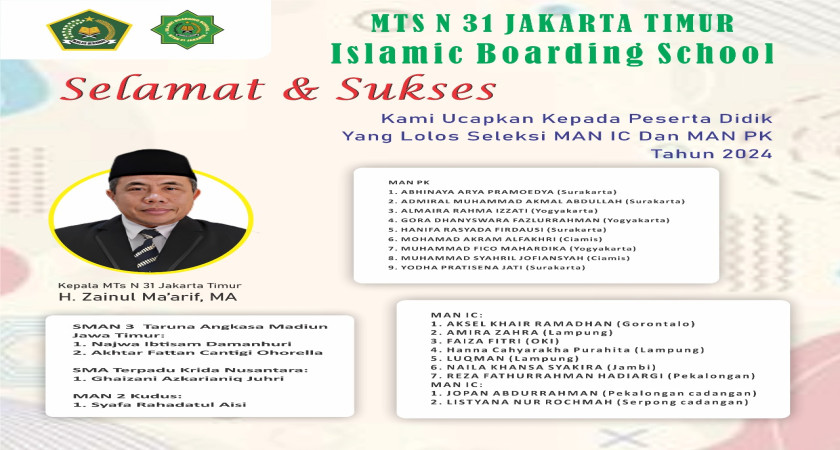 Selamat atas kelulusan siswa siswi MTs Negeri 31 Jakarta Timur pada Sekolah/Madrasah Unggulan